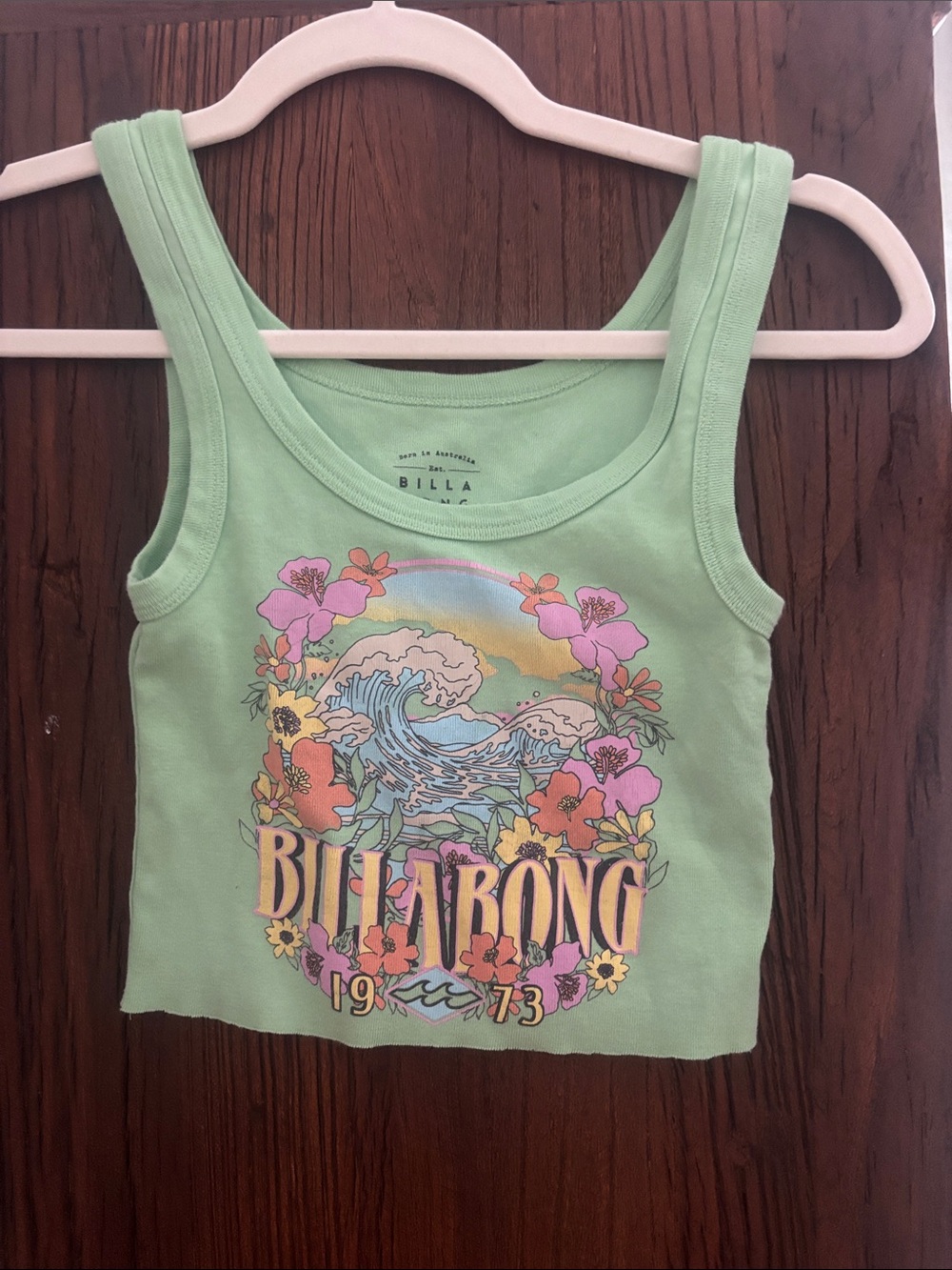 Billabong Mint Green Graphic Crop Tank with Floral Wave Print